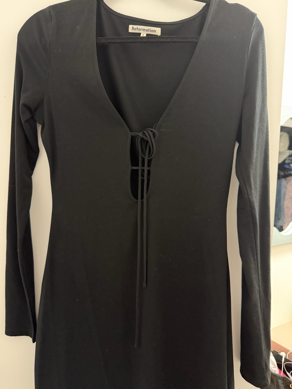 Reformation Black Long-Sleeve Tie-Front V-Neck Mini Dress